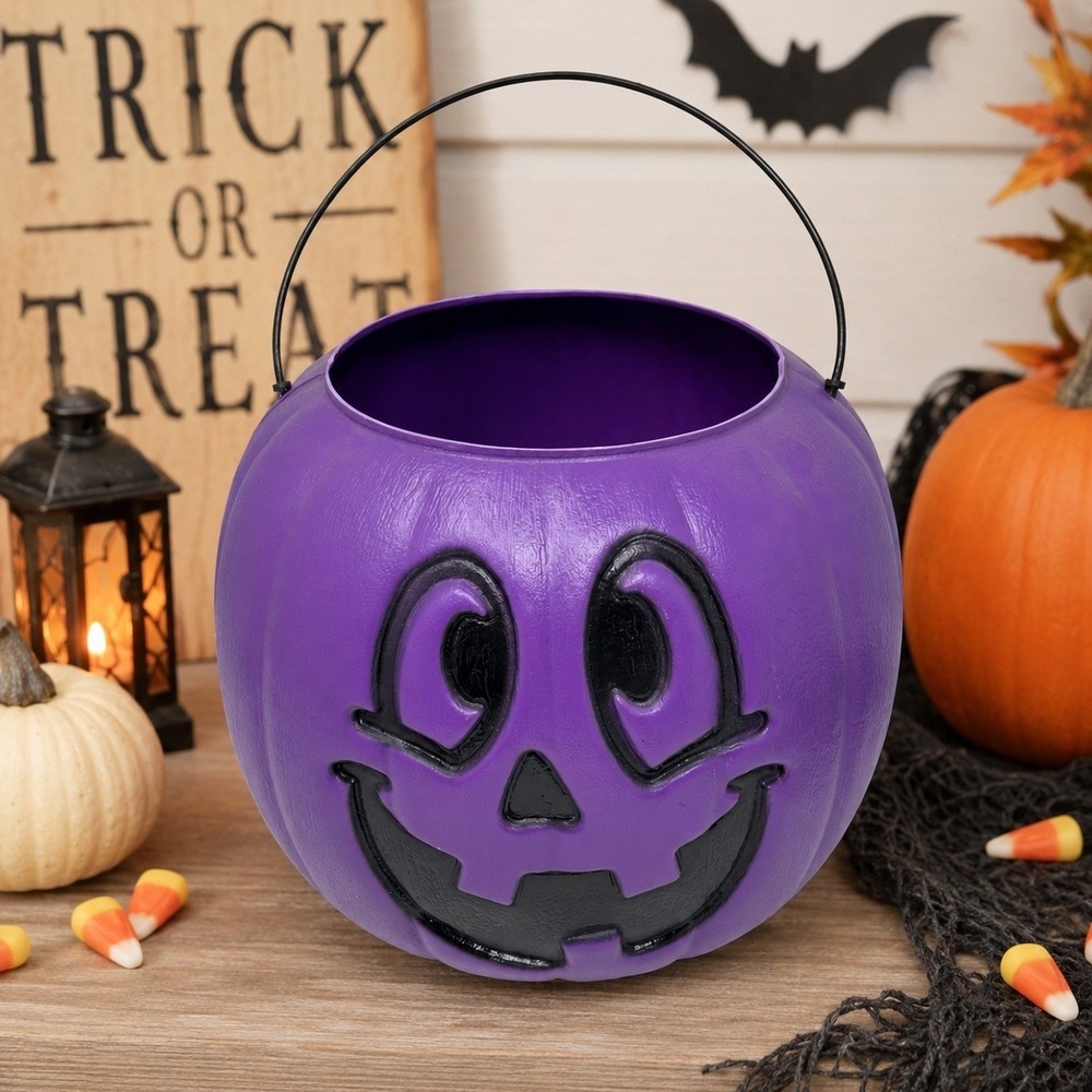 Vintage 90s Purple Halloween Jack O Lantern Plastic Candy‎ Bucket Trick or Treat